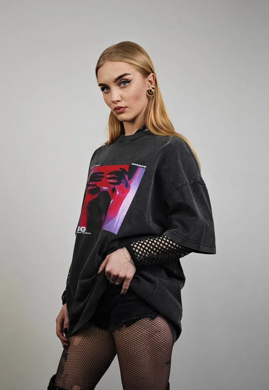 Body print t-shirt X-ray tee psychedelic top in vintage grey