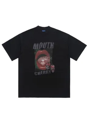 Lips print t-shirt grunge lipstick tee mouth top in black