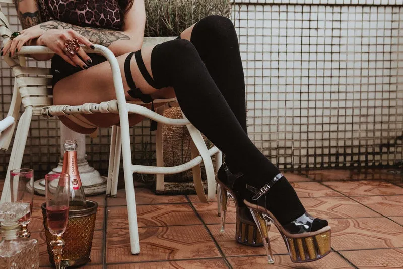 Rolling Over the Knee Ribbon Socks - Black (3 sizes available)